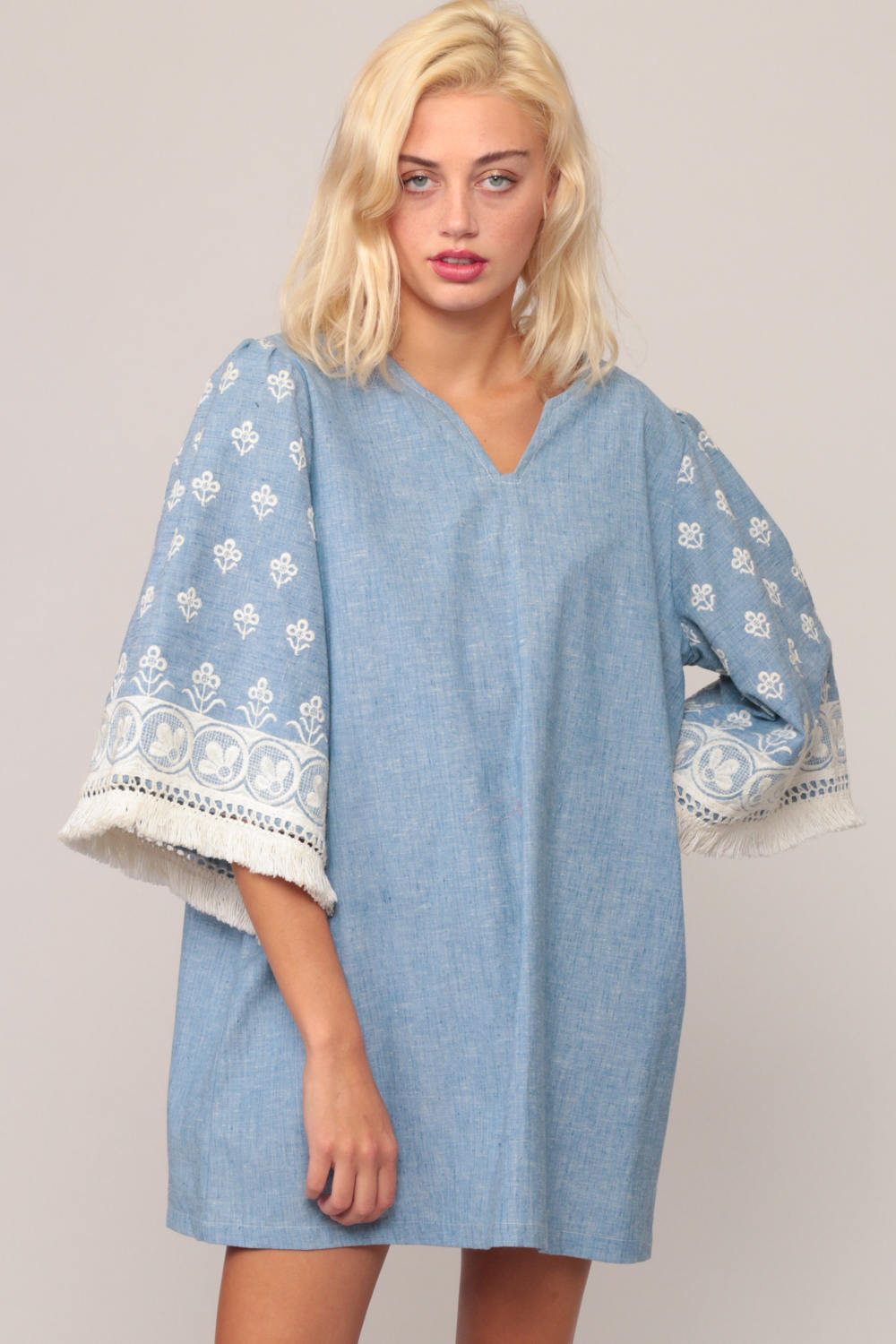 70s Blue Embroidered Mini Dress Bell Sleeve Fringe Caftan Extra Large XXL