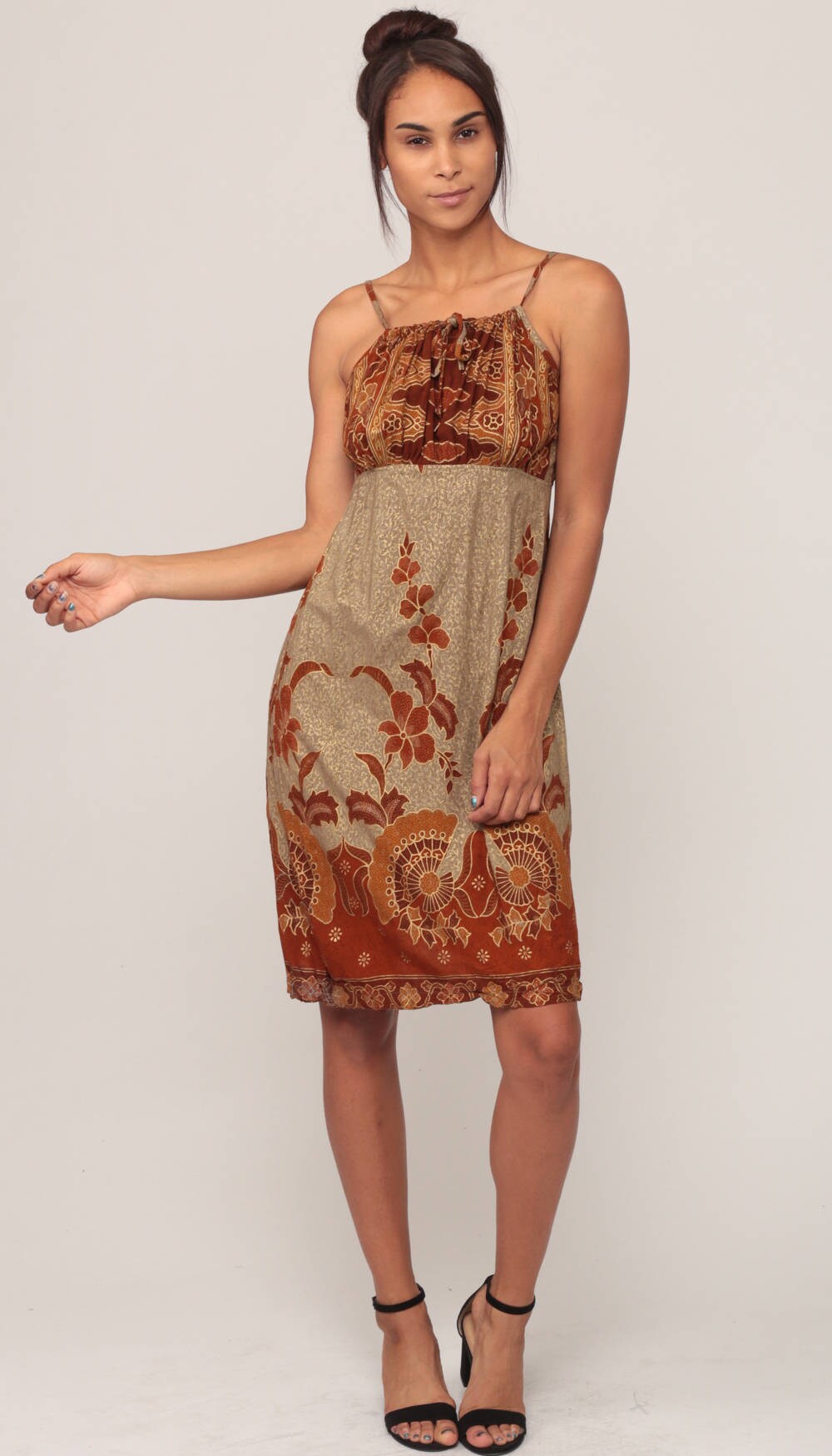 90s Indian Batik Floral Mini Dress Brown Spaghetti Strap Empire Waist Small