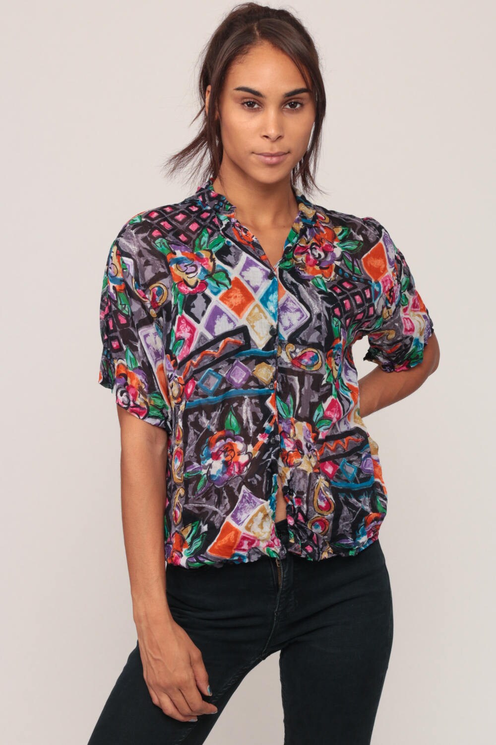 90s Watercolor Floral Button-Up Blouse Short Sleeve Cotton Medium