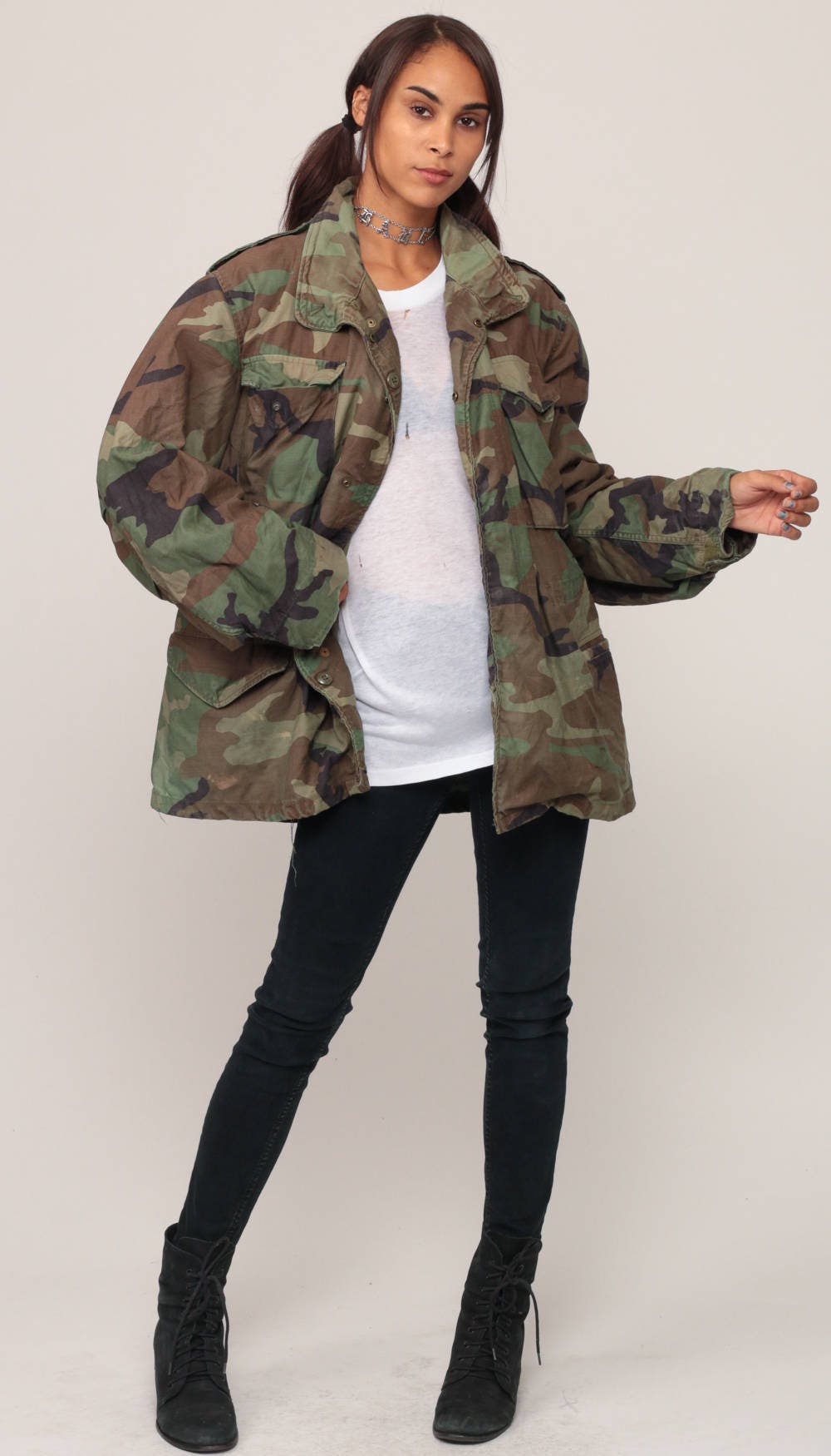 80s Military Camo Jacket Olive Drab Field Cargo Large