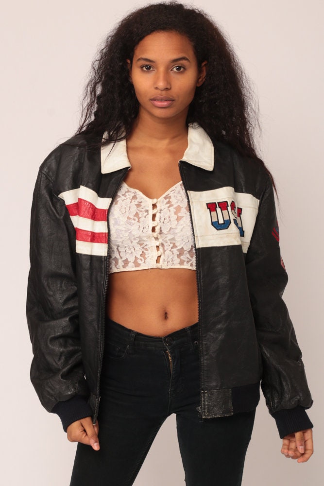 80s American Flag Leather Biker Jacket Black Moto Large