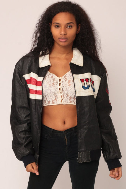 80s American Flag Leather Biker Jacket Black Moto Large