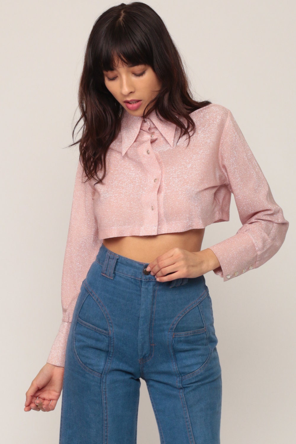 70s Metallic Pink Silver Crop Top Long Sleeve Blouse Small Medium