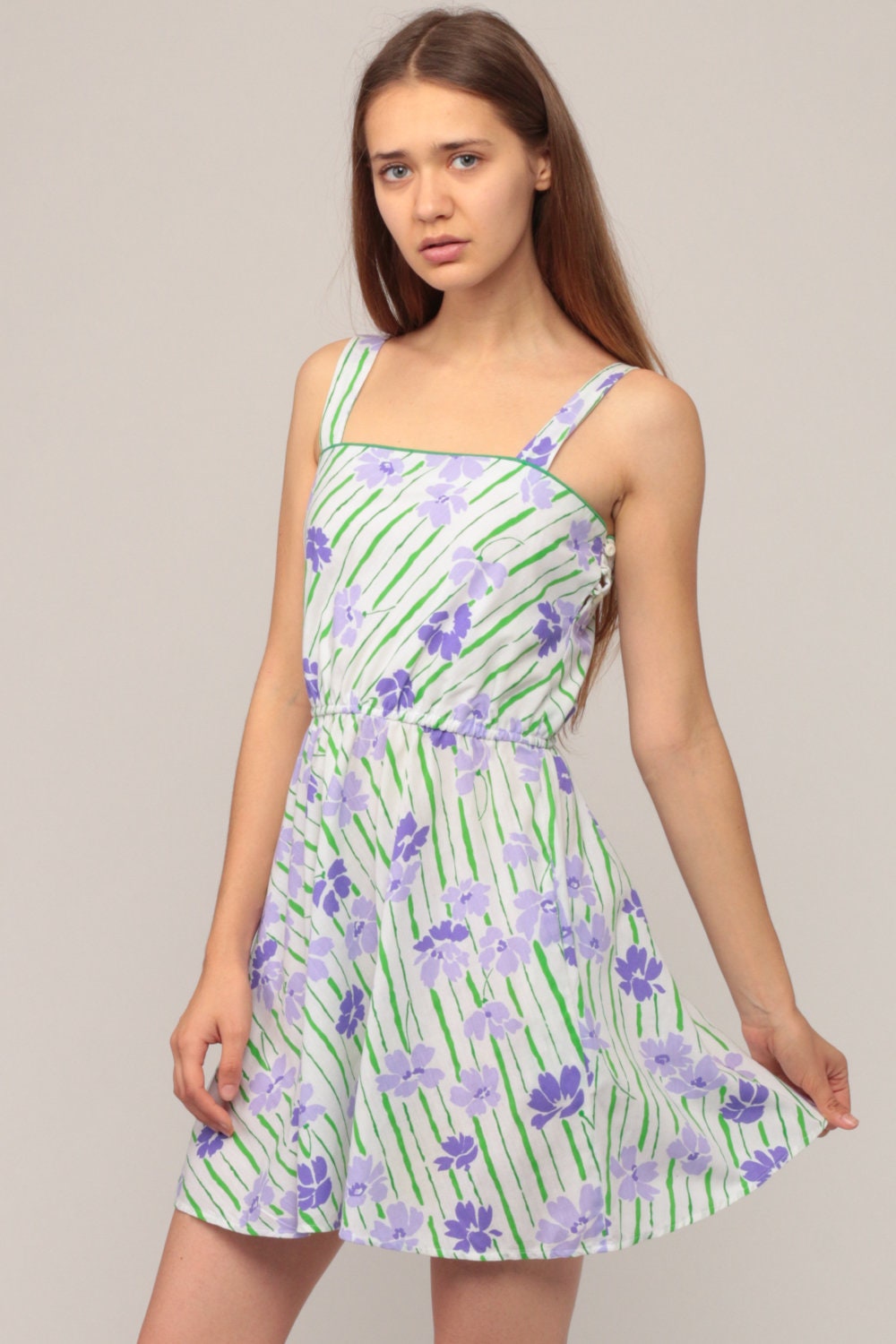 70s Floral Mini Sundress High Waist Tank Green Purple Extra Small