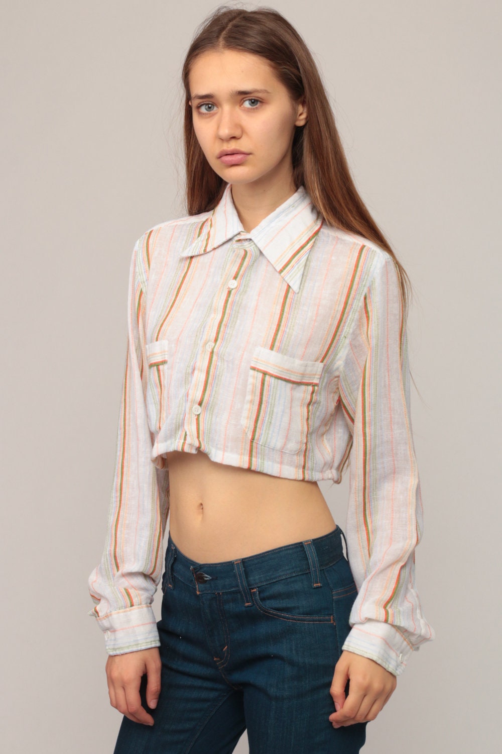 70s Striped Cotton Crop Top Button-Up Blouse Long Sleeve White Small