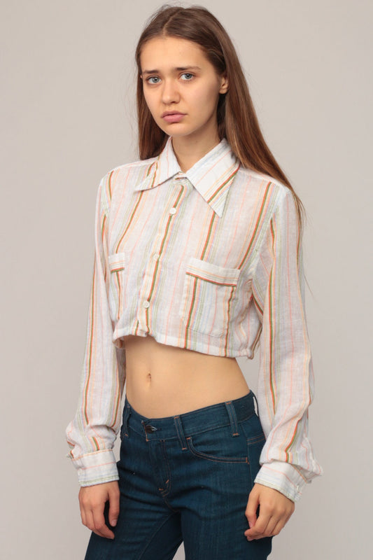 70s Striped Cotton Crop Top Button-Up Blouse Long Sleeve White Small