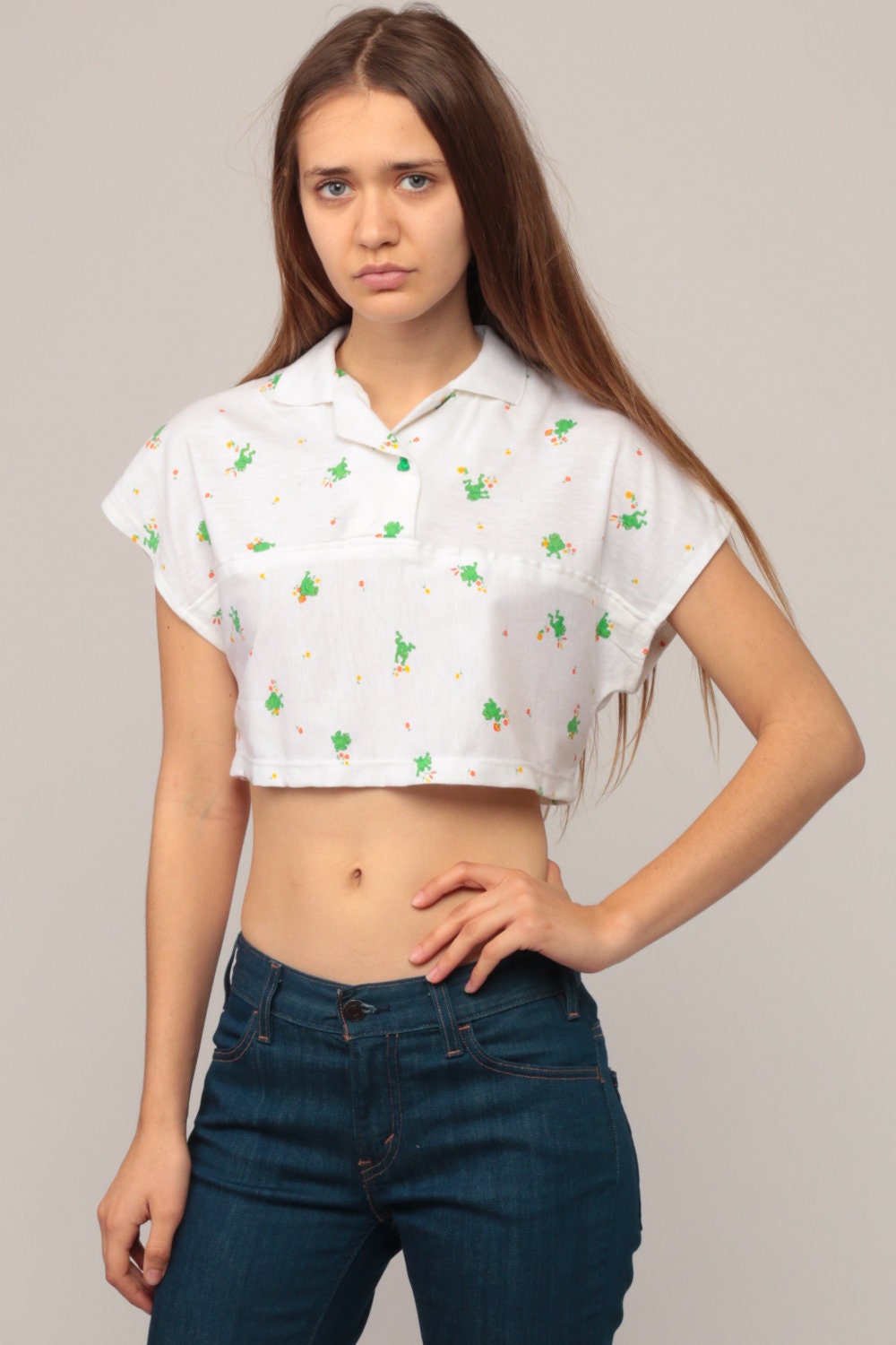 70s Frog Print Crop Top T-Shirt Cap Sleeve Cotton Blend Small