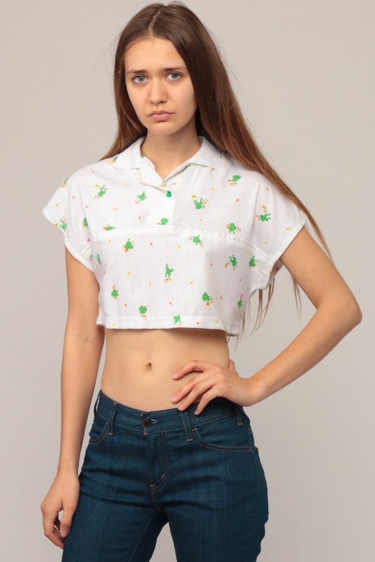 70s Frog Print Crop Top T-Shirt Cap Sleeve Cotton Blend Small