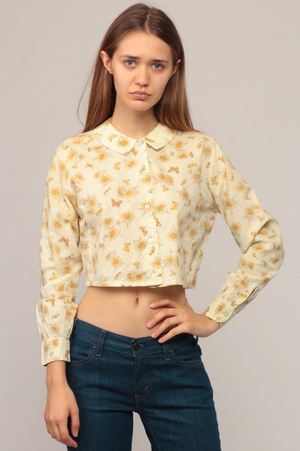 70s Butterfly Floral Shirt Peter Pan Collar Crop Top Long Sleeve Small