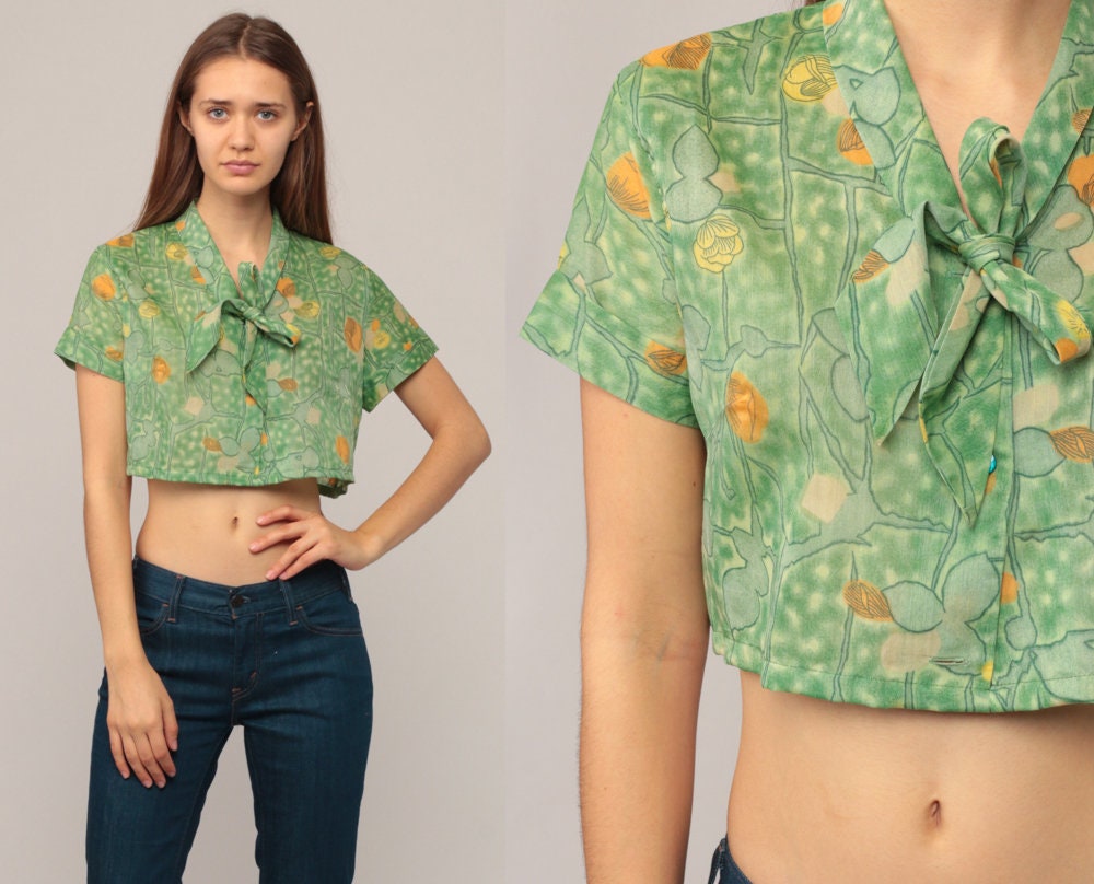 70s Floral Ascot Crop Top Short Sleeve Blouse Green Small Medium