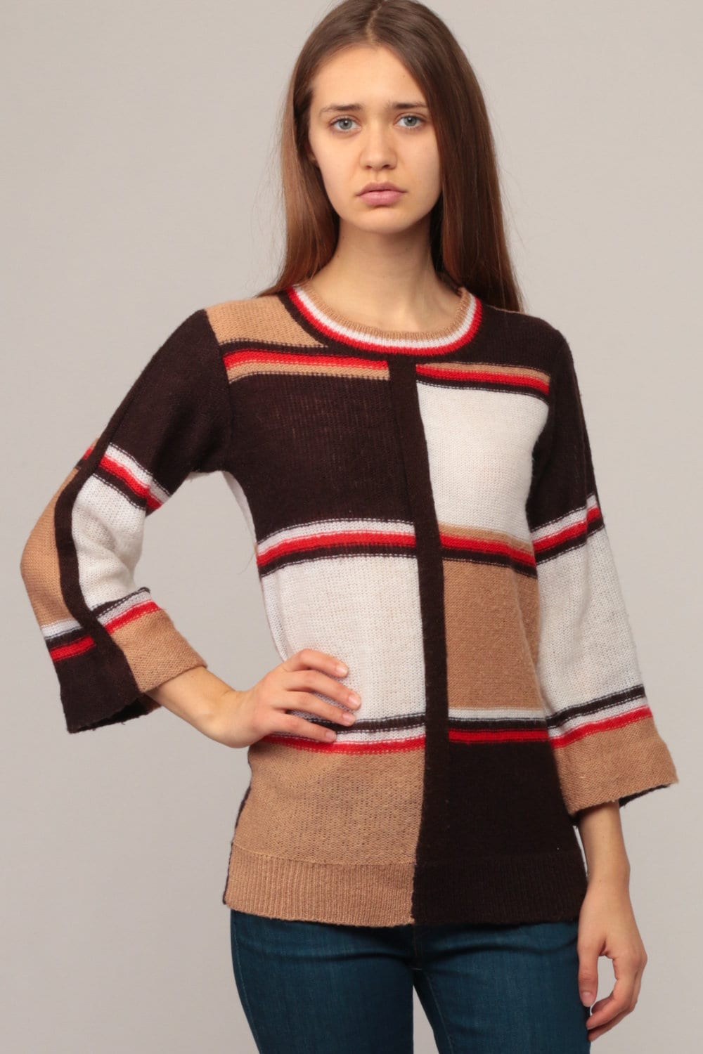 70s Colour Block Knit Sweater Bell Sleeve Tan Brown Pullover Small