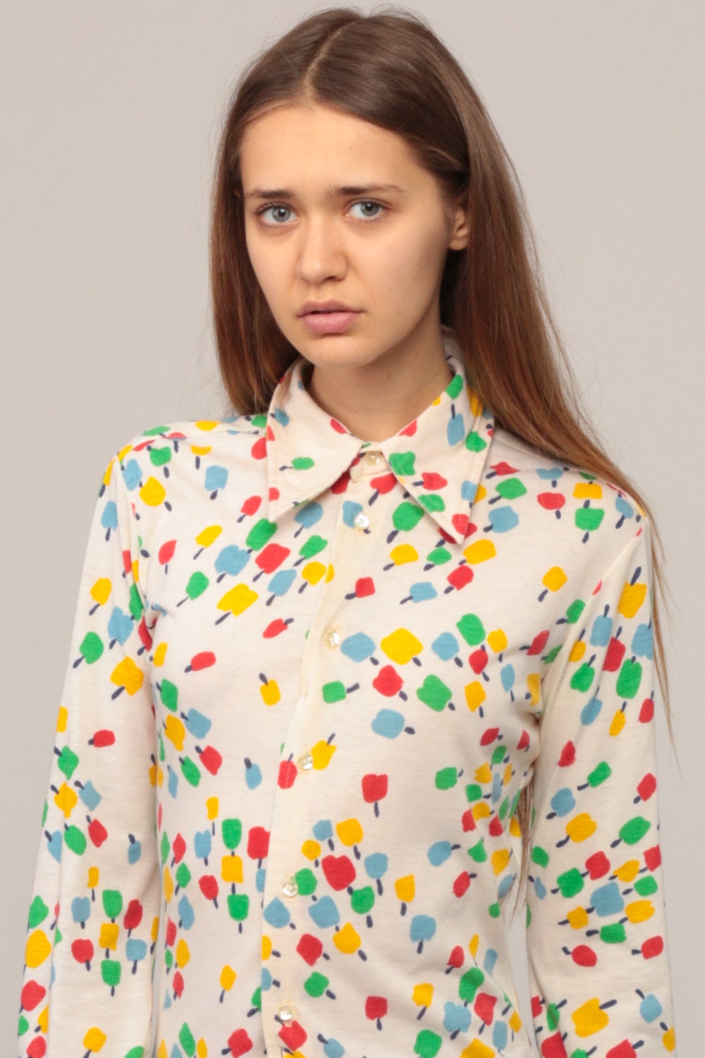 70s Givenchy Apple Print Blouse Cotton Button Up Long Sleeve Small