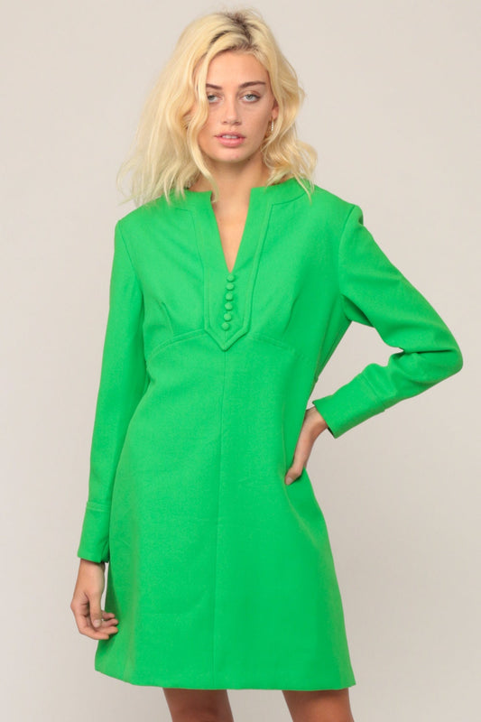 70s Green Mini Dress Empire Waist V Neck Long Sleeve Babydoll Large