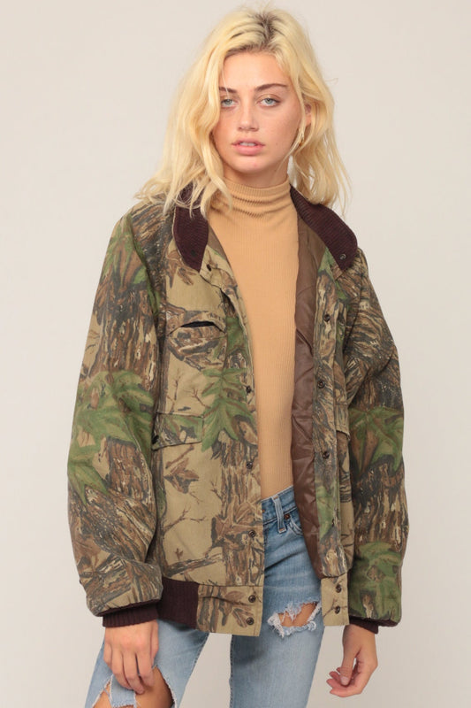 80s Camo Leaf Bomber Jacket Army Green Camouflage Coat Extra Large XL