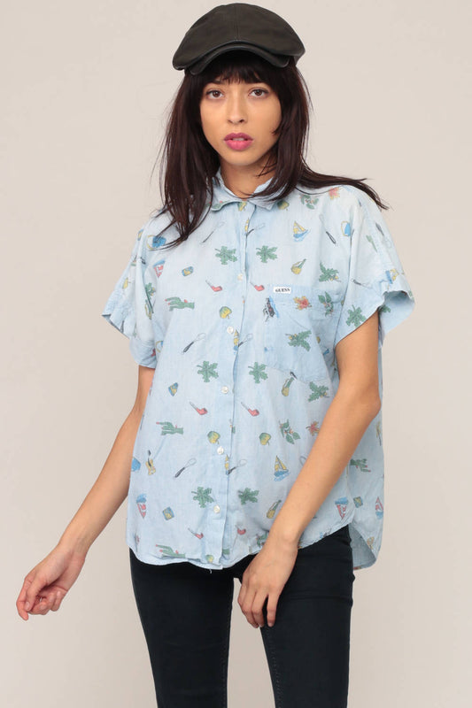 90s Guess Georges Marciano Guitar Sailboat Cactus Button Up Blouse Blue Extra Large