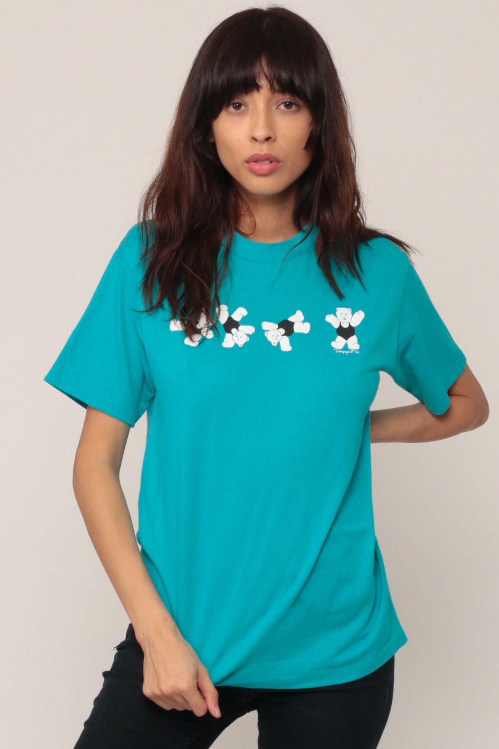 80s Aerobics Teddy Bear Graphic T-Shirt Blue Cotton Medium