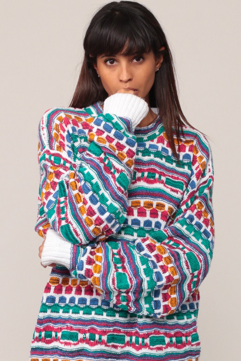 90s Striped Pullover Sweater Geometric Knit Blue Green Pink Large