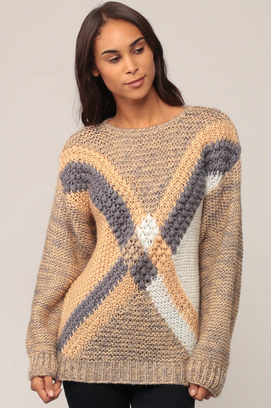 90s Striped X Pullover Sweater Open Weave Knit Grey Tan Medium
