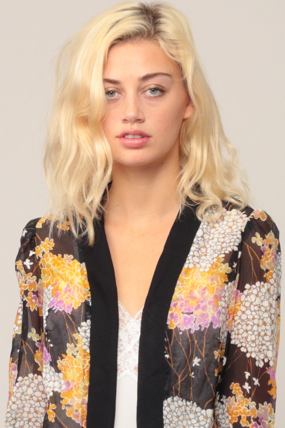 70s Floral Sheer Jacket Black Yellow Purple Open Front Kimono Small Medium Large
