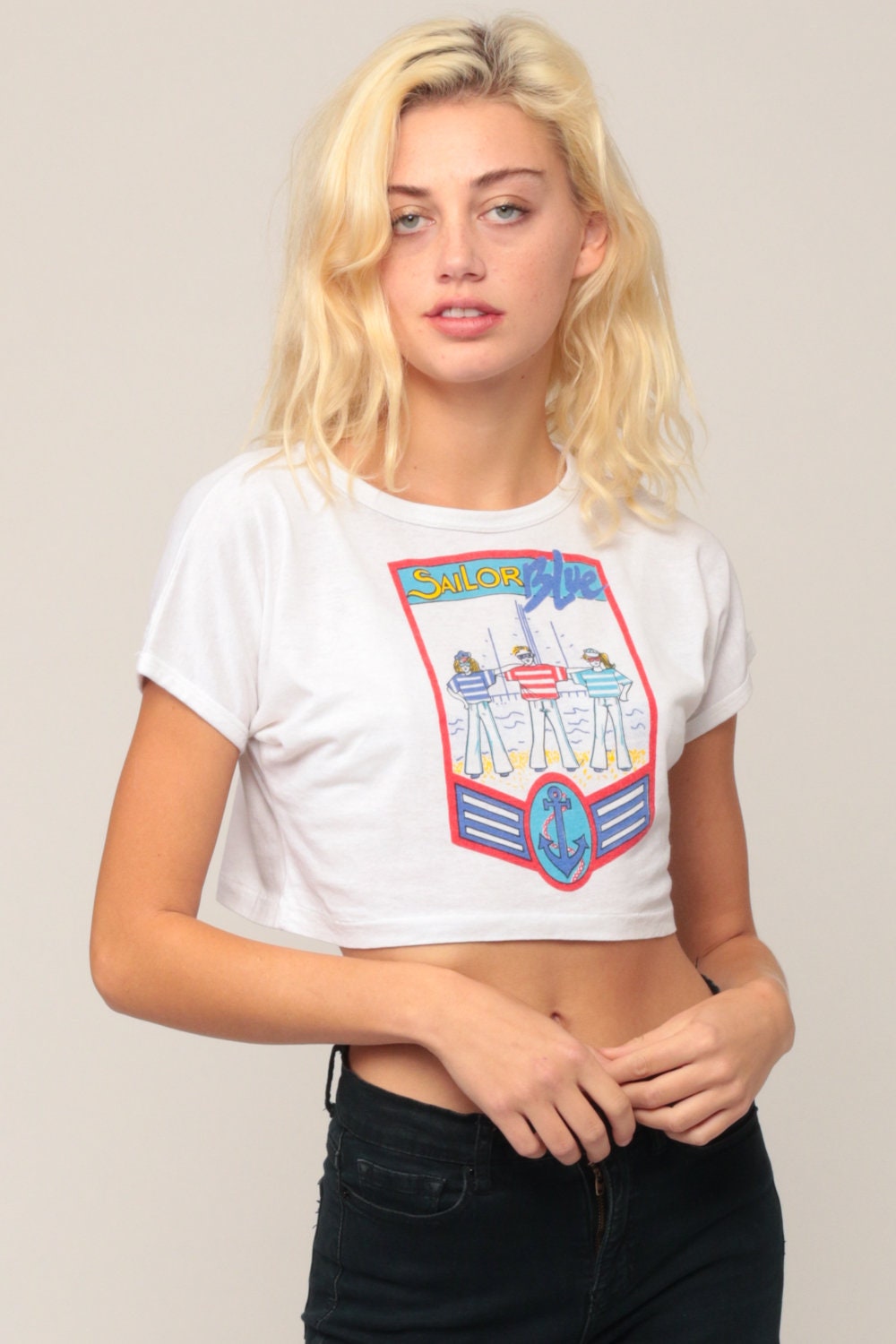 90s Sailor Blue Nautical Graphic Crop Top Cap Sleeve Small