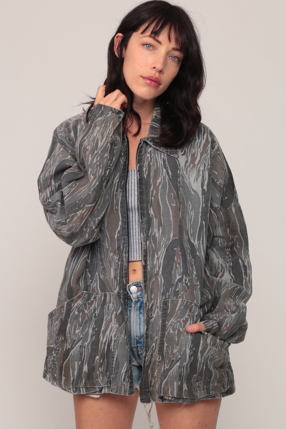 90s Camo Hunting Jacket Unisex Army Coat Zip Front Large