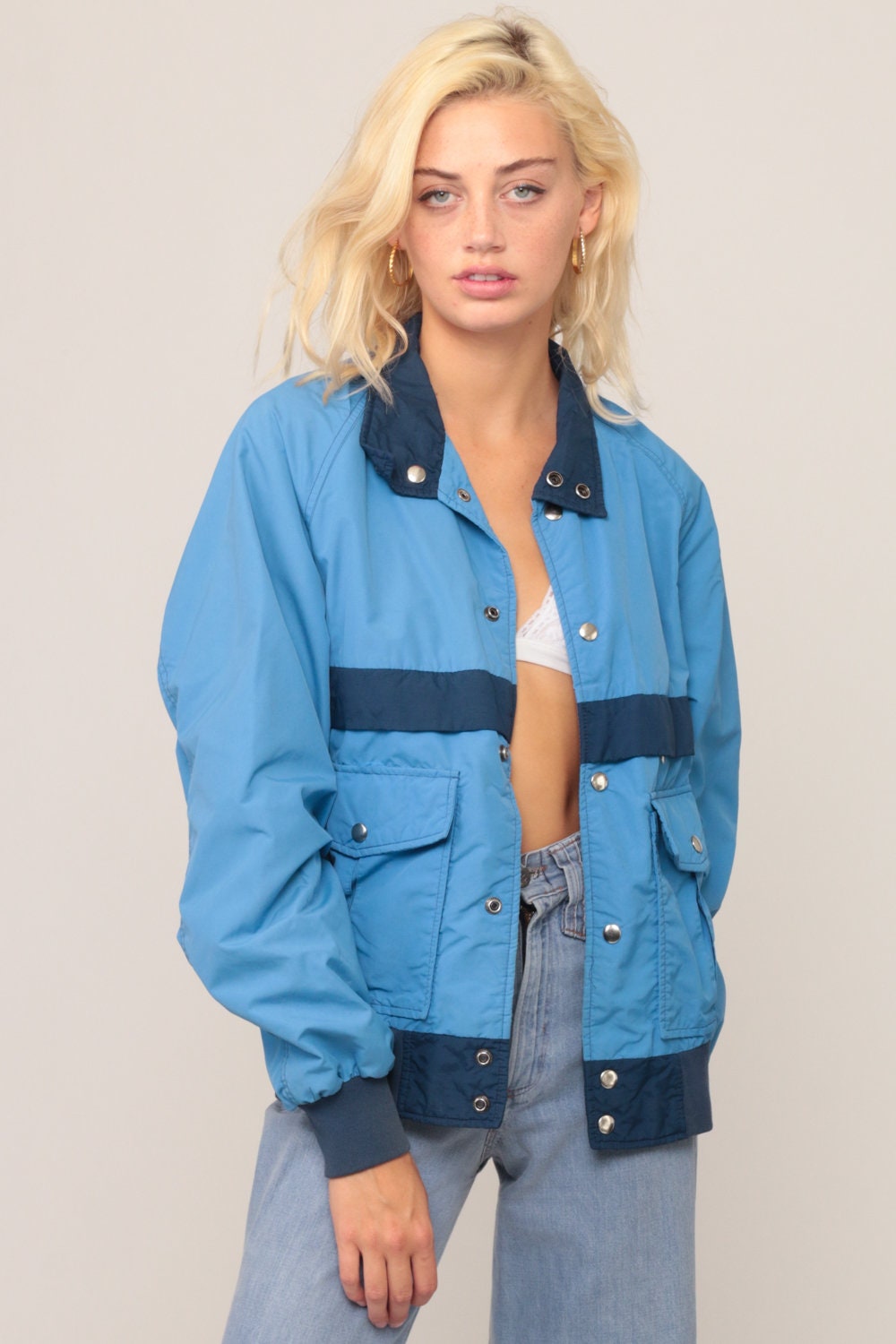 70s Bomber Jacket Baby Blue Nylon Windbreaker Striped Medium