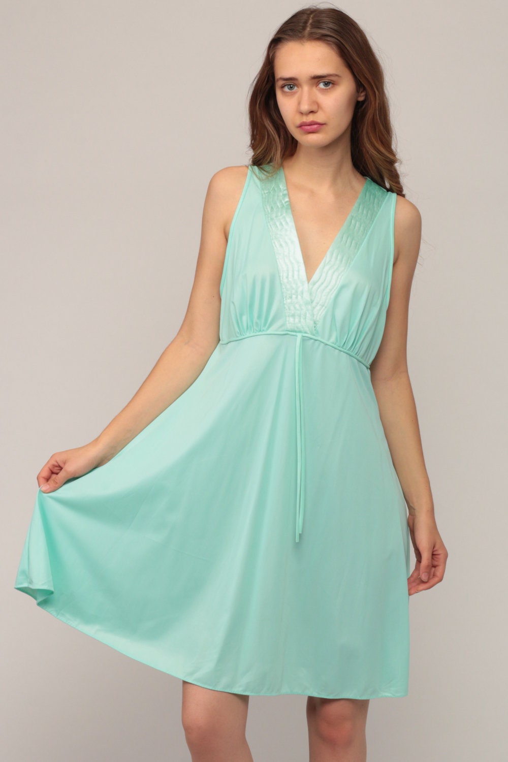 70s Seafoam Green Nylon Nightgown Mini Slip Dress Empire Waist Plunge Large