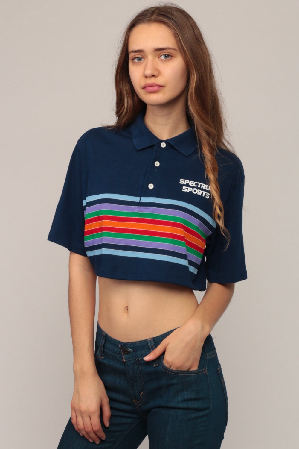 80s Spectrum Sports Rainbow Striped Polo Crop Top Blue Small Medium