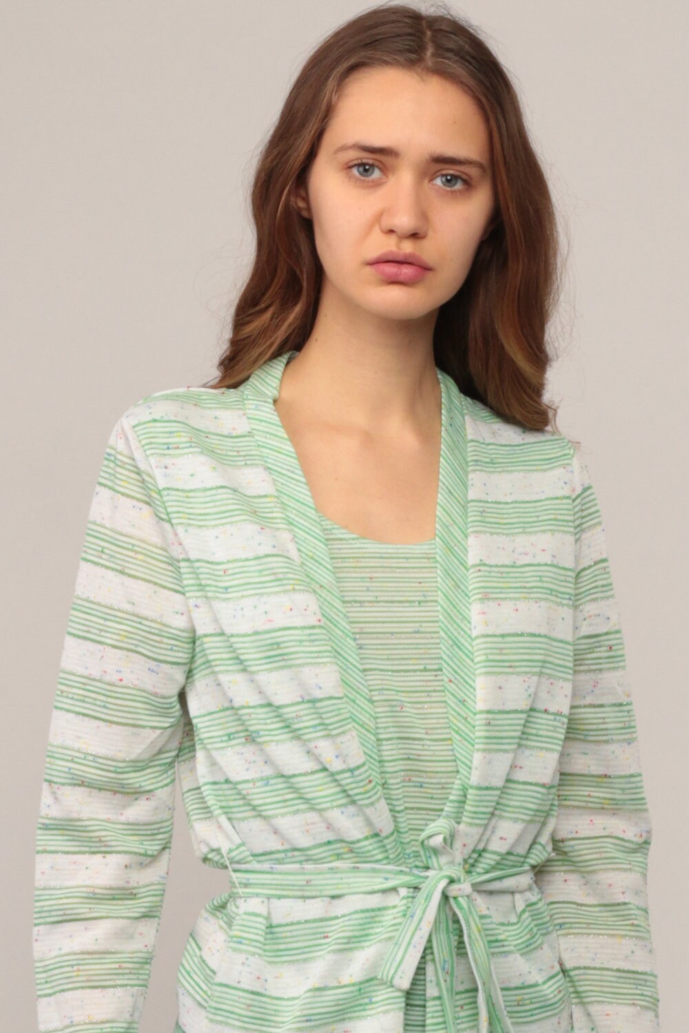 70s Striped Blouse with Attached Cardigan Green White Metallic Medium