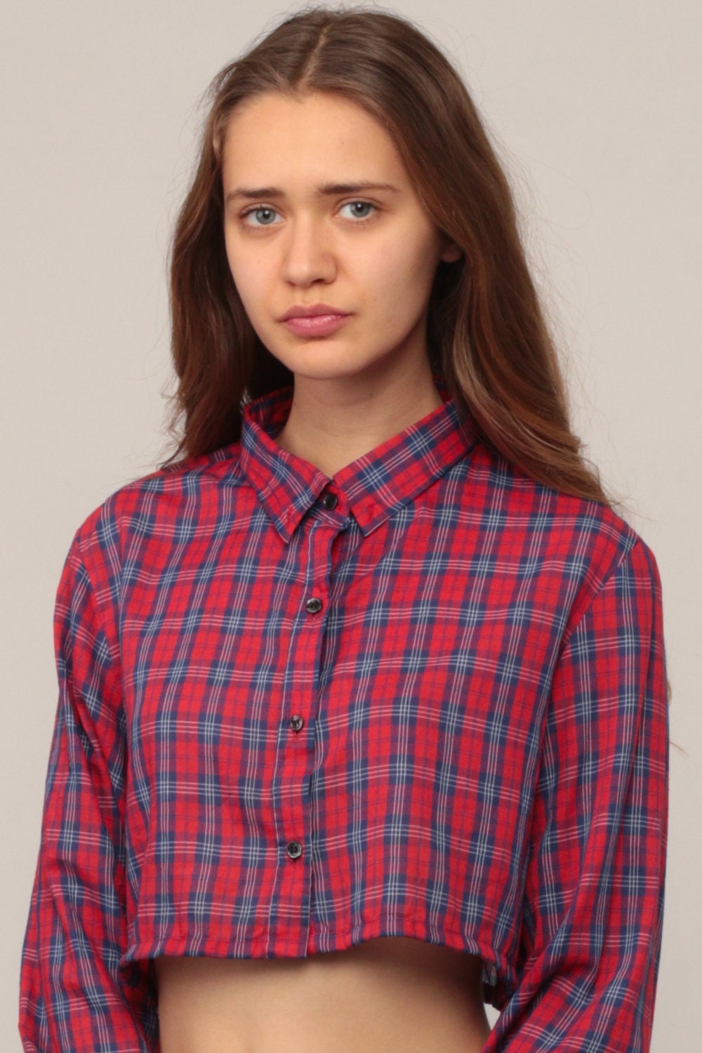 80s Plaid Crop Top Button-Up Blouse Red Blue Long Sleeve Small Medium