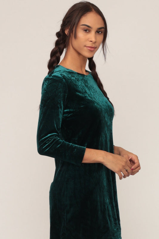 90s Green Velvet Mini Dress Long Sleeve Shift Stretch Medium