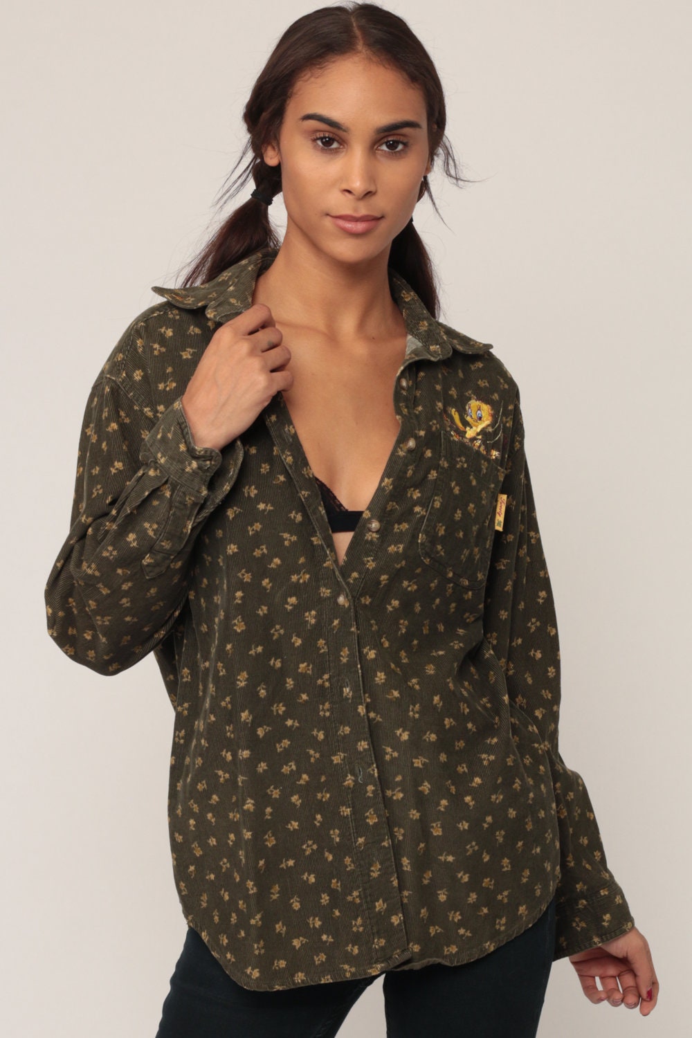 90s Looney Tunes Tweety Bird Floral Corduroy Button-Up Shirt Extra Large