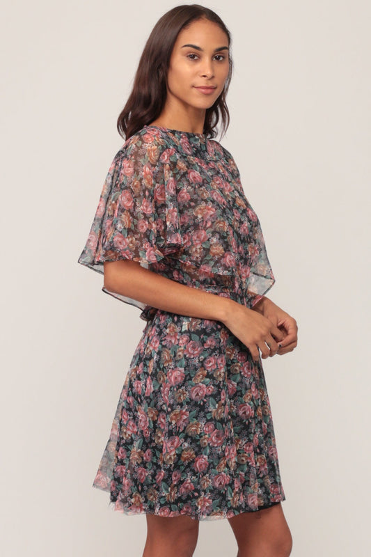 1970s Floral Mini Dress Flutter Capelet High Waist Small