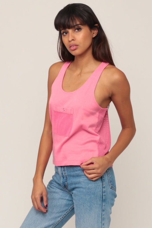 80s Pink Mesh Racerback Tank Top Sheer Sleeveless Medium
