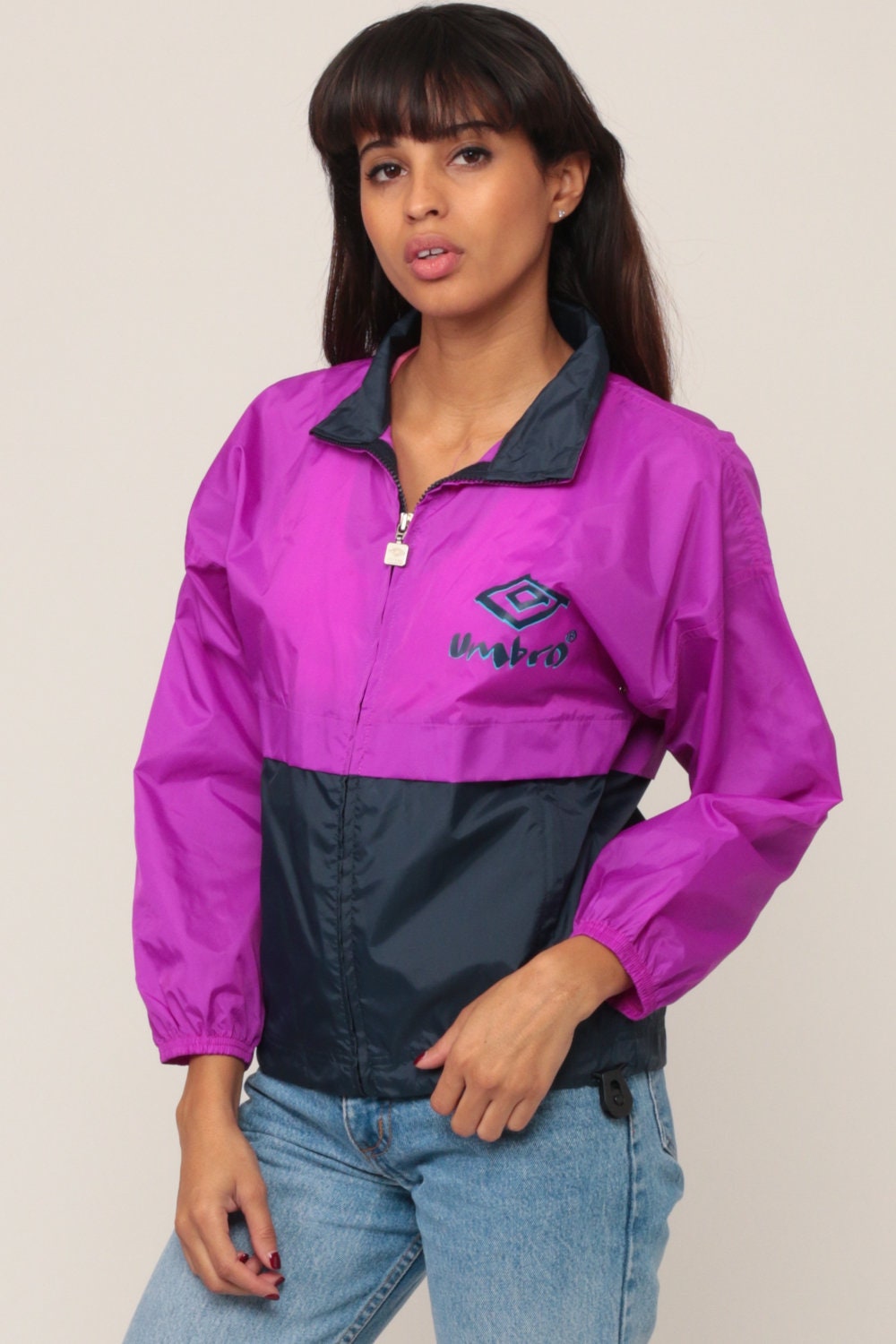 90s Umbro Windbreaker Jacket Purple Navy Nylon Zip-Up Extra Small