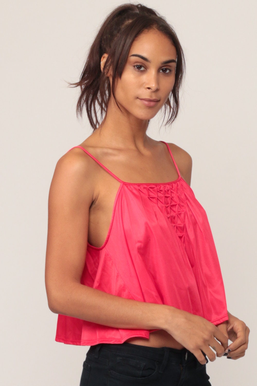 80s Red Nylon Camisole Pintuck Tent Cut Lingerie Tank Small