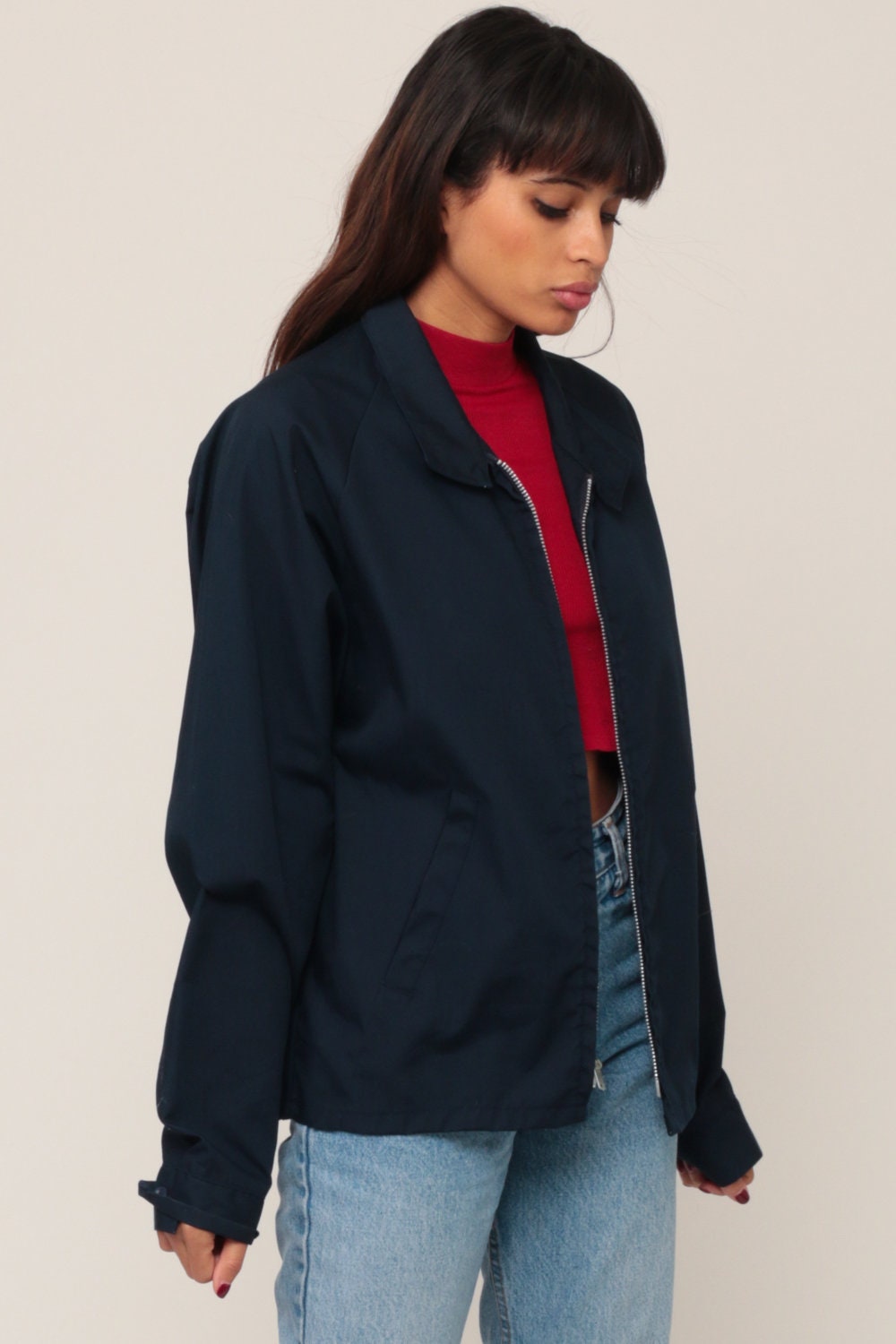 70s Navy Zip-Up Jacket High Neck Unisex Extra Small XS