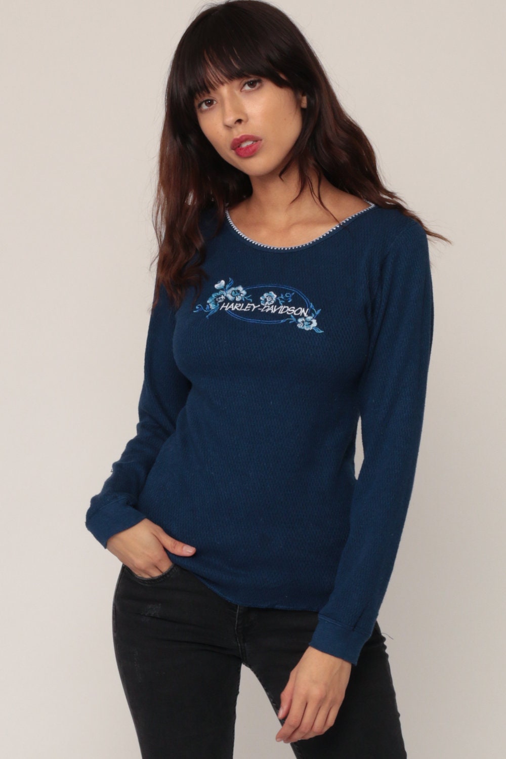 90s Harley Davidson Thermal Waffle Knit Long Sleeve Embroidered Blue Small