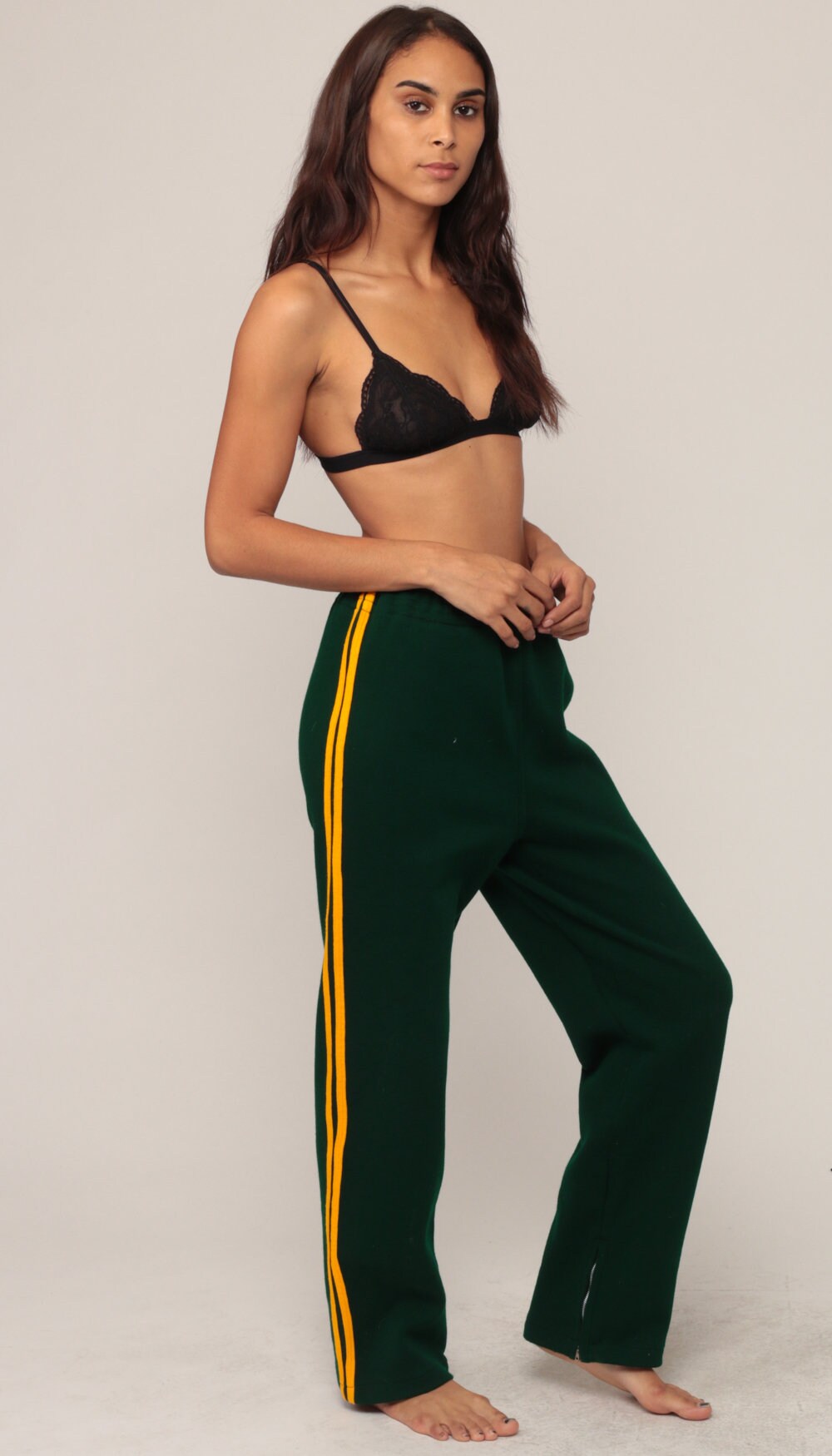 80s Green Sweatpants Yellow Stripe Track Pants Unisex Extra Large XL
