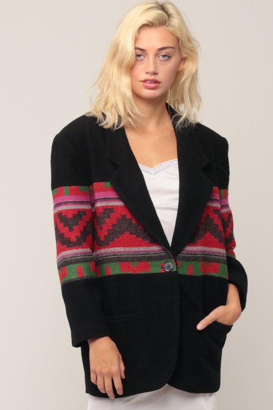 80s Southwestern Wool Blend Blazer Black Aztec Print Medium