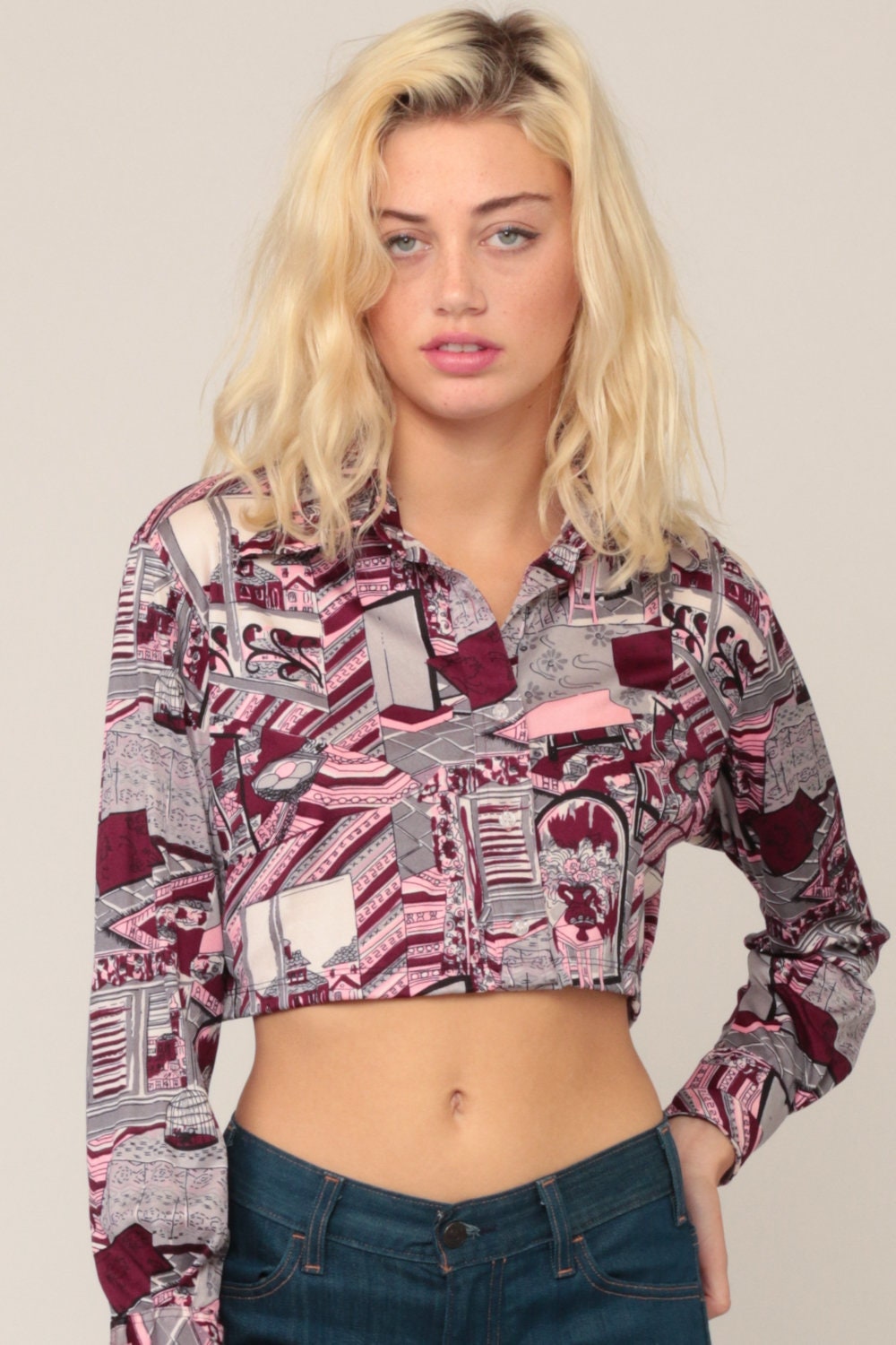 70s House Print Nylon Blouse Crop Top Burgundy Grey Long Sleeve Small