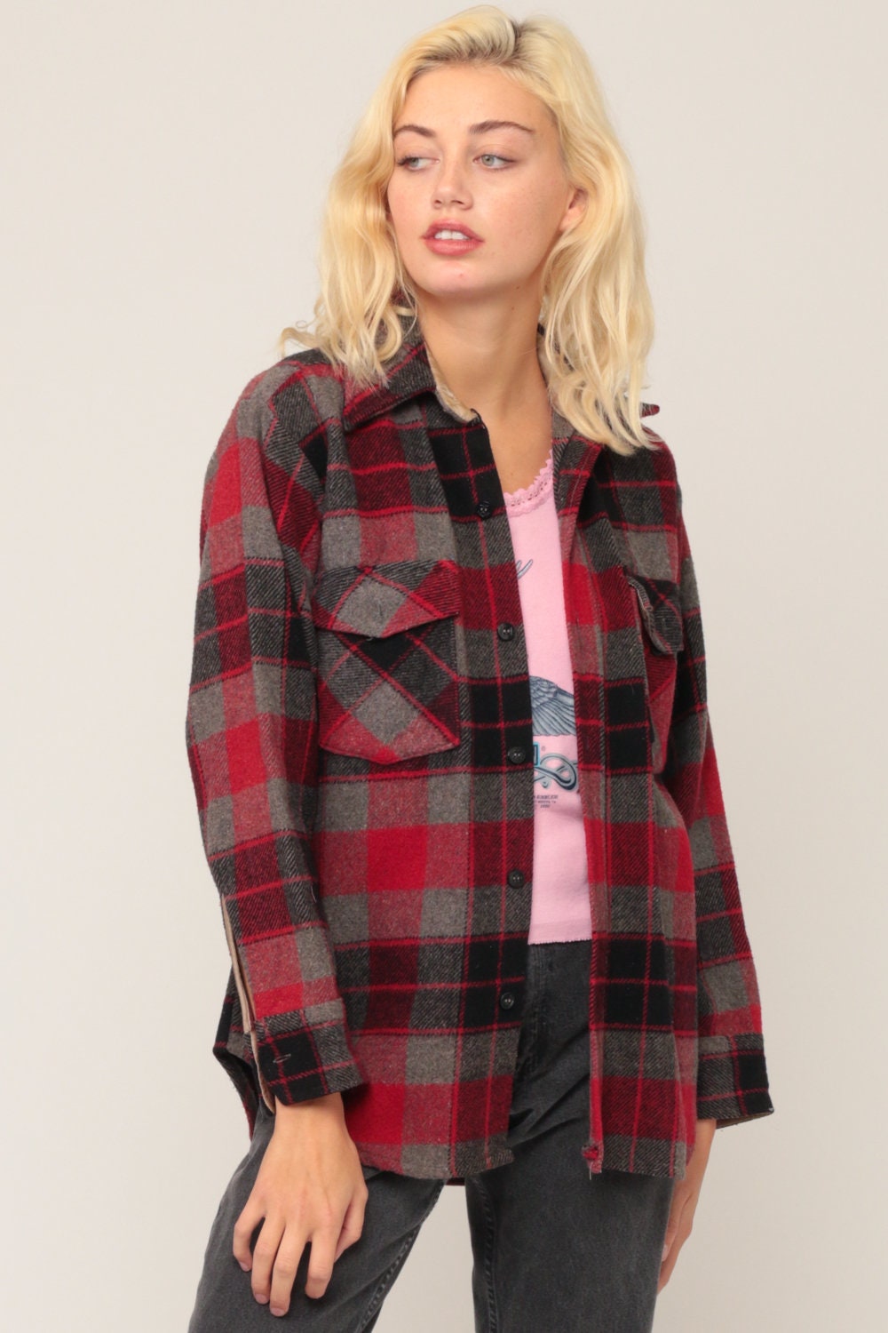 70s Wool Plaid Flannel Shirt Red Black Grey Button Up Small Medium