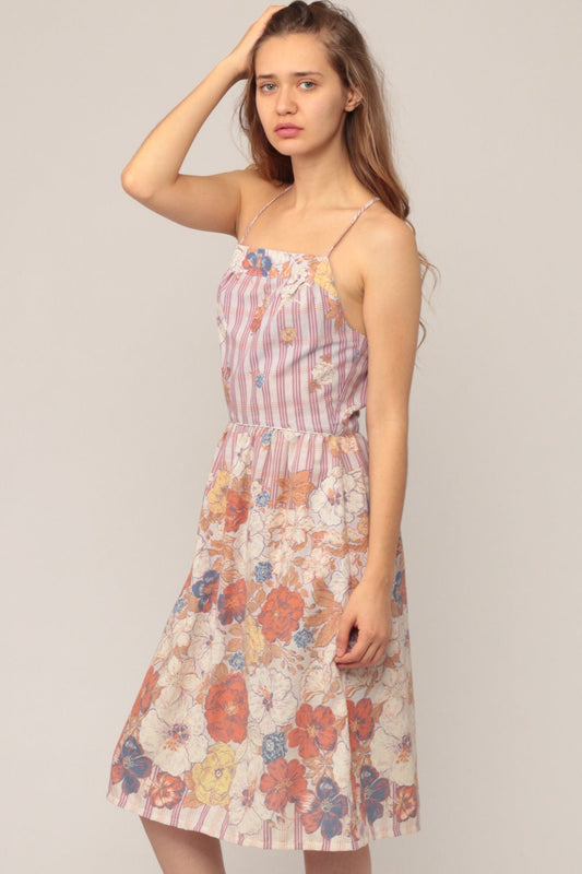 70s Floral Midi Sundress Criss Cross Open Back High Waist Cotton Extra Small