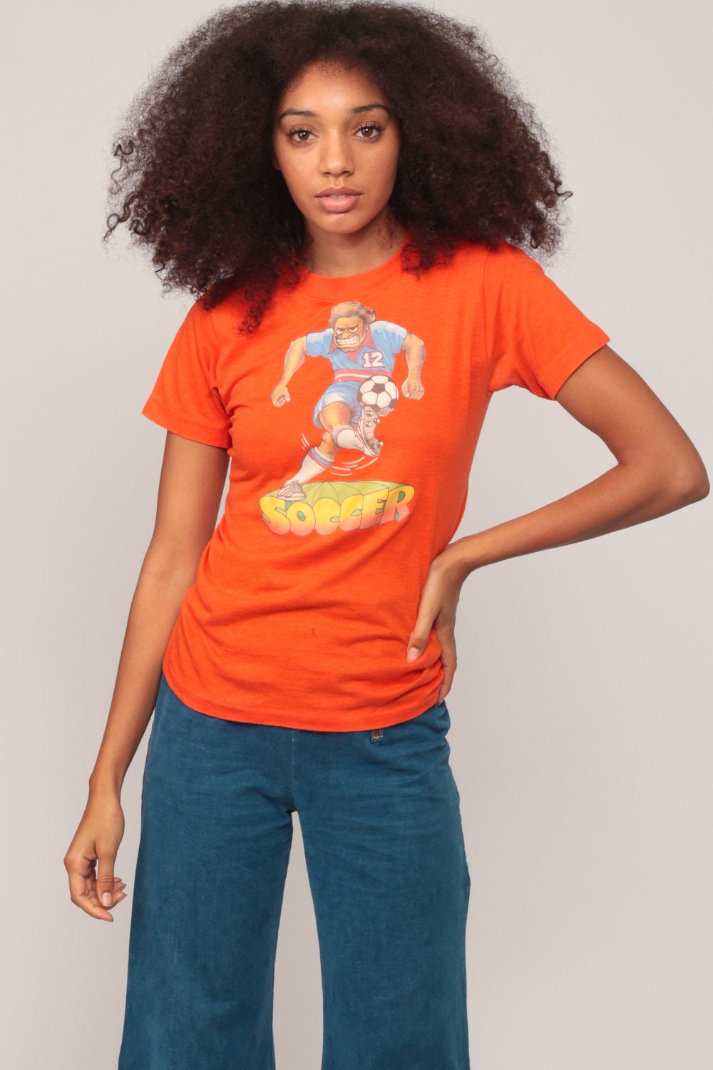 80s Soccer Graphic T-Shirt Orange Cotton Blend Extra Small XS