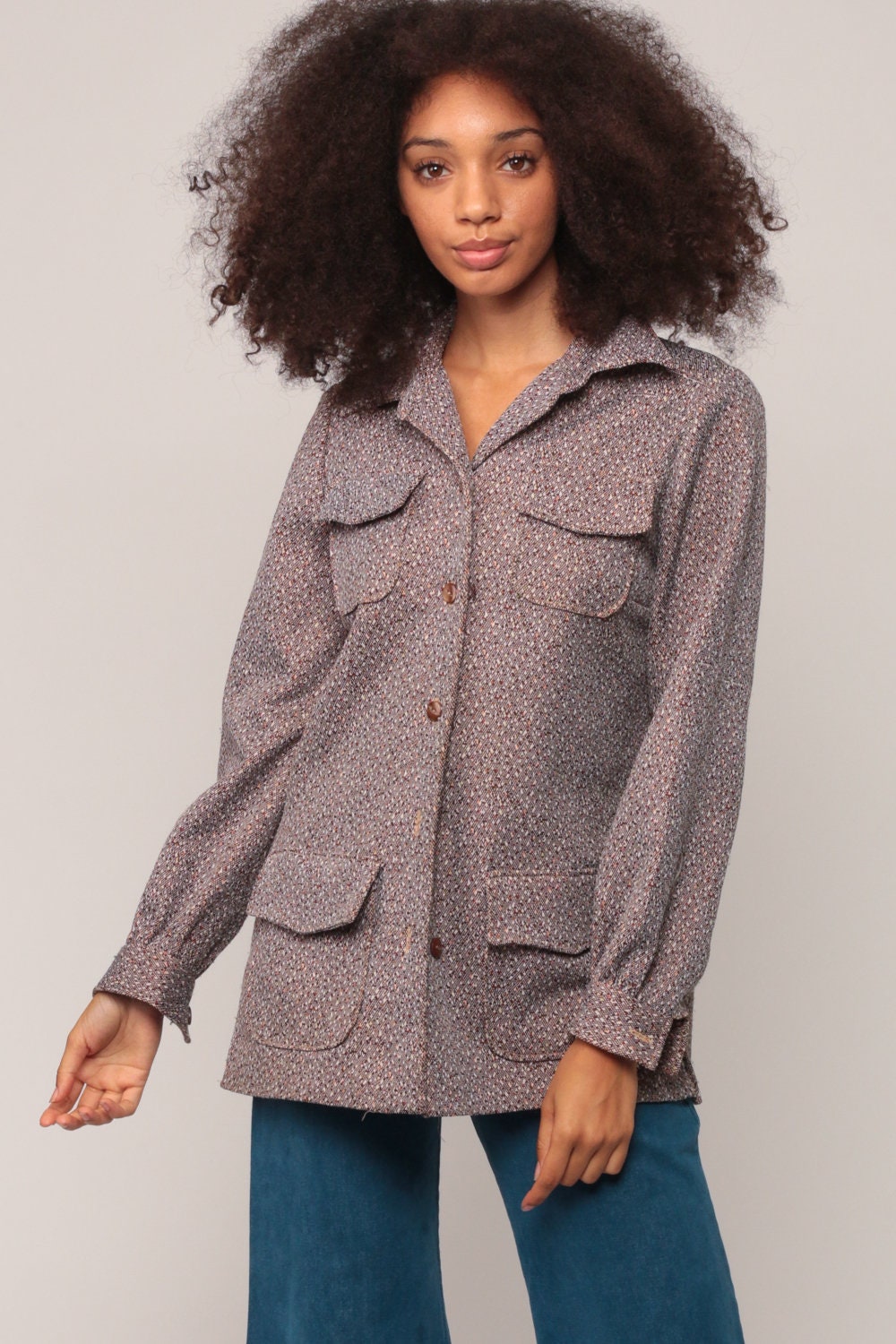 70s Flecked Brown Button-Up Shirt Long Sleeve Collared Blouse Medium
