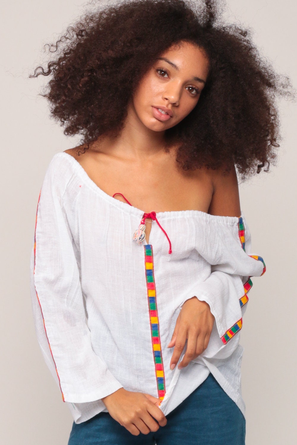70s White Cotton Peasant Blouse Long Sleeve Drawstring Tunic Medium Large
