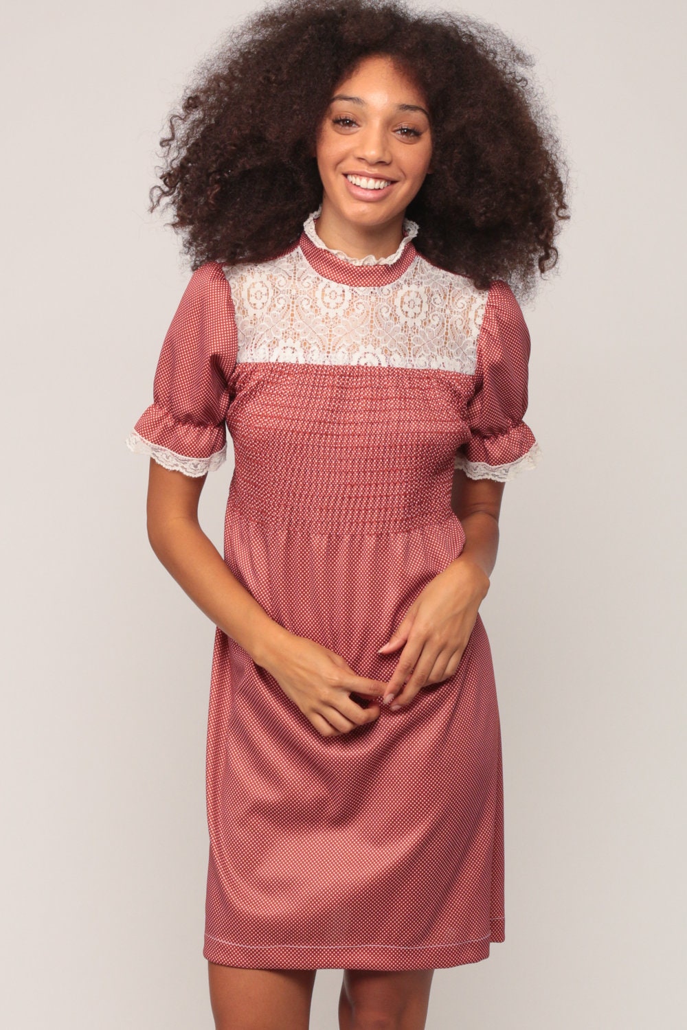70s Rust Polka Dot Babydoll Mini Dress Puff Sleeve Lace Bib Small Medium