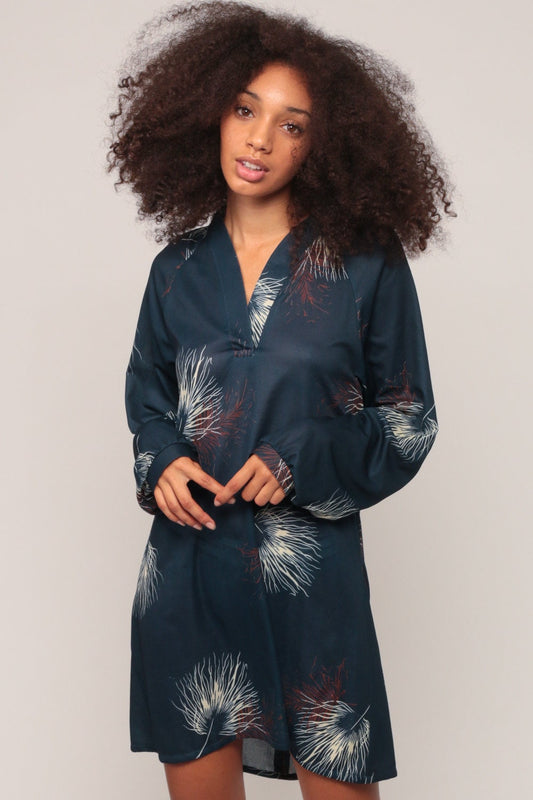 70s Feather Print Mini Shift Dress Navy Long Sleeve Collared Large