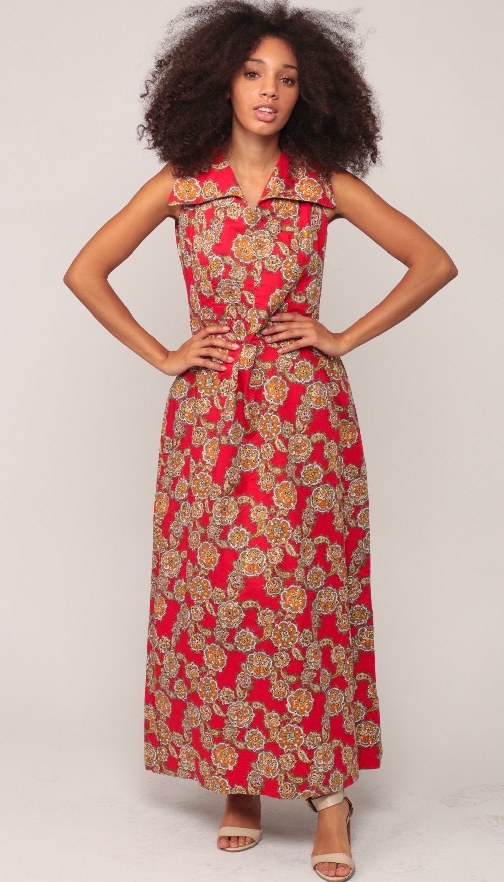70s Paisley Print Maxi Dress High Waisted Sleeveless Red Small Medium