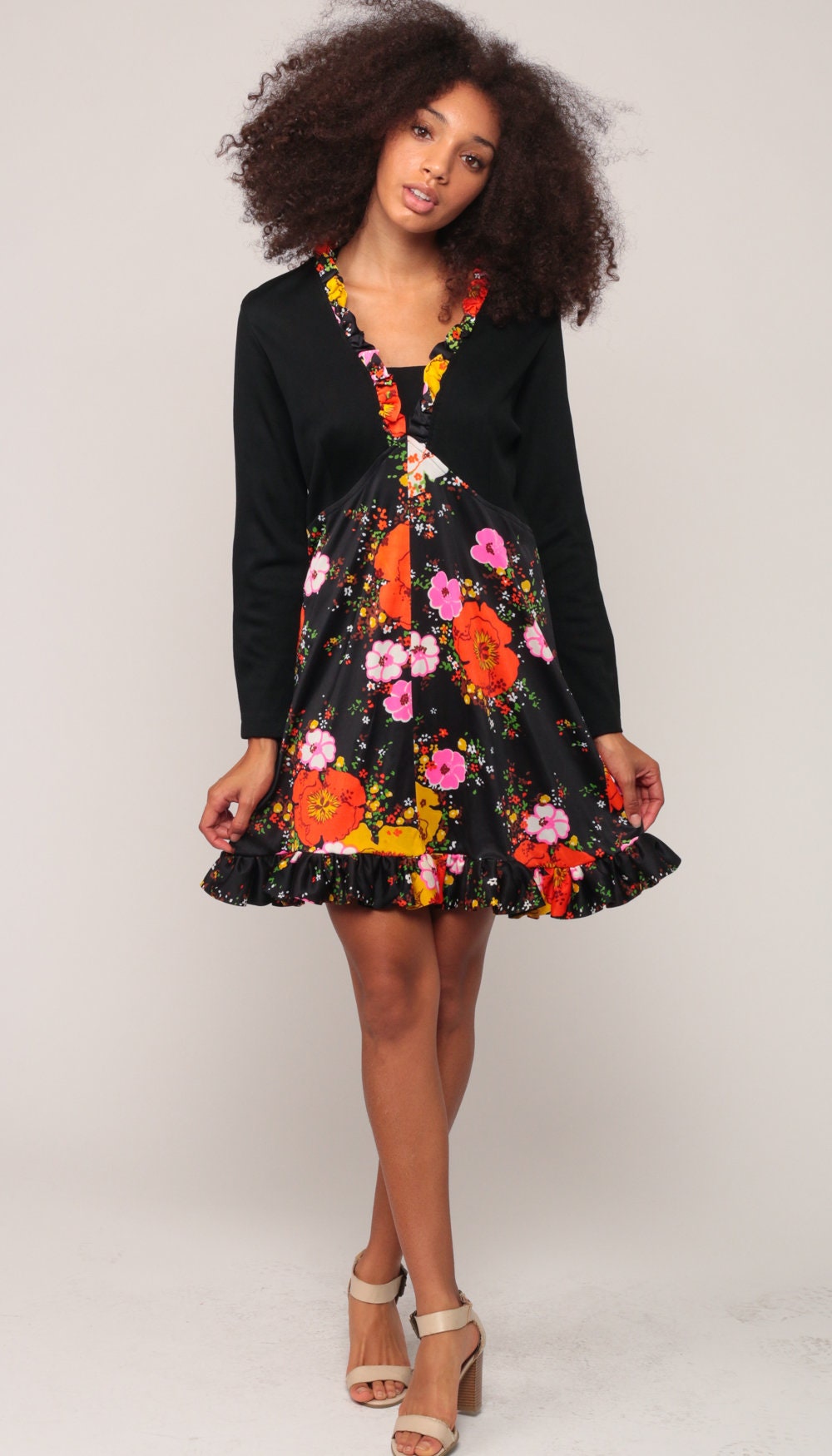 70s Floral Empire Waist Mini Dress Long Sleeve Ruffled Black Large
